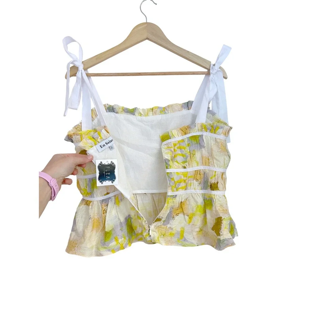 En Saison Torrey Shirred Top Yellow Abstract Tie Strap Peplum Tank Large NWT - Picture 9 of 10